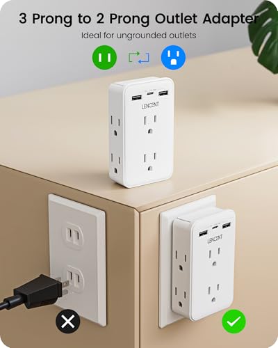 LENCENT 2 to 3 Prong Outlet Adapter, 2 Prong Outlet Extender with 6 AC