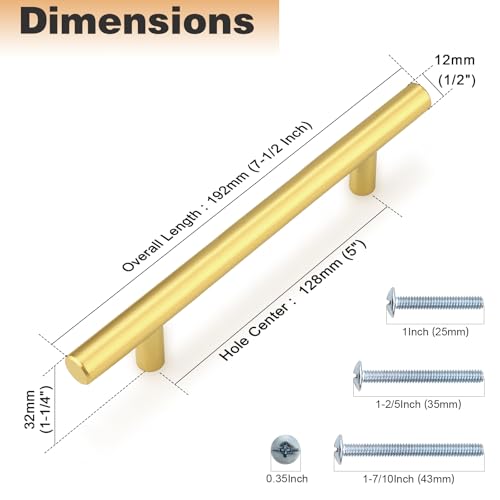 Probrico 5 Pack 5 Inch Center-to-Center Kitchen Cabinet Pulls T Bar Gold Cabinet Handles Modern Drawer Hardware Dresser Pulls, 7-1/2 inch Total Length - color: Gold, size: hole center 5"