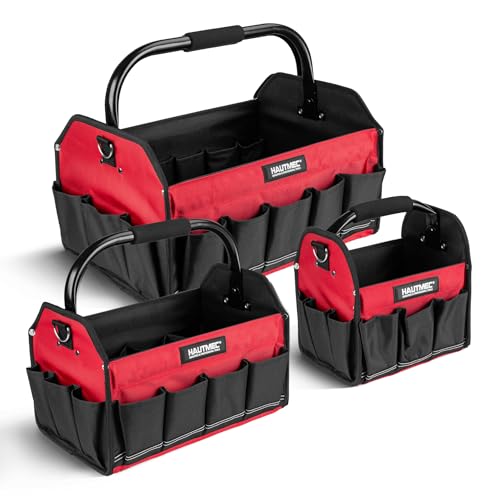 HAUTMEC 3PCS Heavy-Duty Tool Tote Bag Set, 1680D Large Tool Bags with Rigid Frame, Foldable Handle & Padded Shoulder Strap, Water-Resistant Hard Base, Multi-Pocket Tool Box Organizer – HTTBH25052 - style: Tool Tote | 3-Piece