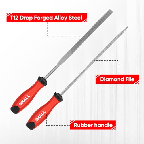 SHALL 17Pcs Metal File Set - Premium Grade T12 Drop Forged Alloy Steel - Flat/Triangle/Half-round/Round Large File & 12pcs Needle Files with Storage Box, Wire Brush - for Metal, Wood & Plastic