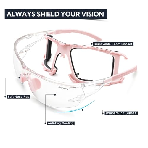 UKNOW Safety Glasses - Anti Fog Wraparound Lenses - Removable Foam Gasket - ANSI Z87.1 Protective Eyewear - Impact Resistant - color: Pink