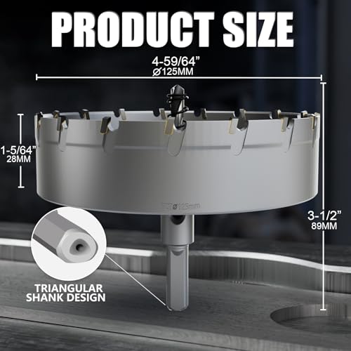 Heavy Duty Carbide Hole Saw Set, 4-59/64” (125mm), Extra Deep Cutting Depth of 1.1 Inches (28mm) - Ideal for Stainless Steel, Mild Steel, Iron, Copper, Brass, and Plastic - size: 125mm(4-15/16")