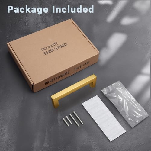 KNOBWELL 6Pack 3-3/4 Inch Brushed Gold Cabinet Pulls Stainless Steel Kitchen Cabinet Handles Square Drawer Pulls Modern Cabinet Hardware Handles，96mm Hole Centers - color: Brushed Gold, size: Hole Center:3-3/4 inch(96mm)