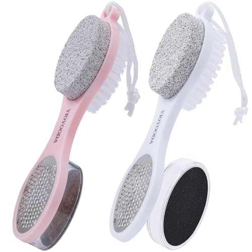 Foot Scrubber Brush with Pumice Stone for Feet 5-in-1, 2Pcs Foot File Callus Remover, Stainless Steel Feet Scraper, Cleaning Brush & Sand Paper Debris Catcher, Multi Purpose Home Foot Care, Pink White - color: Pink White