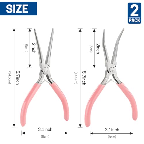 VISEMAN 6" Mini Needle Nose Pliers, 2PCS Pink Long Nose Pliers Set - style: Pink (Straight + 45-Degree Bent)