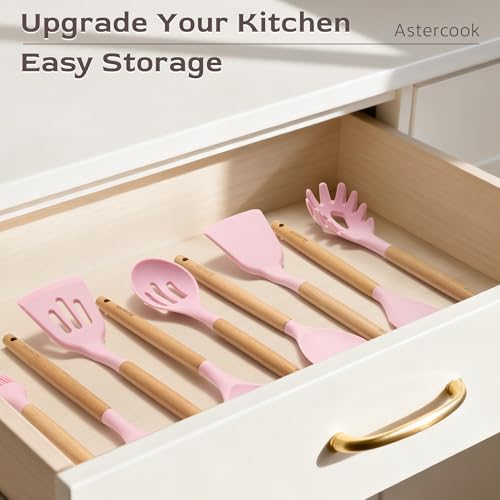 Astercook Kitchen Utensils set, 39 PCS Silicone Cooking Utensils Set with Wooden Handle, 446°F Heat Resistant Food Grade Utensil Sets, BPA Free Kitchen Gadgets Tools Set for Nonstick Cookware (Pink) - color: Pink