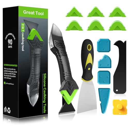 Silicone Caulking Tool Kit-3 in 1 Caulk Tool, Caulk Remover Tool | Putty Knife, Stainless Steel Scraper, 6 Replaceable silicone pads, Multi-edge Finishing tools, for Bathroom Kitchen Window - style: Classic Set