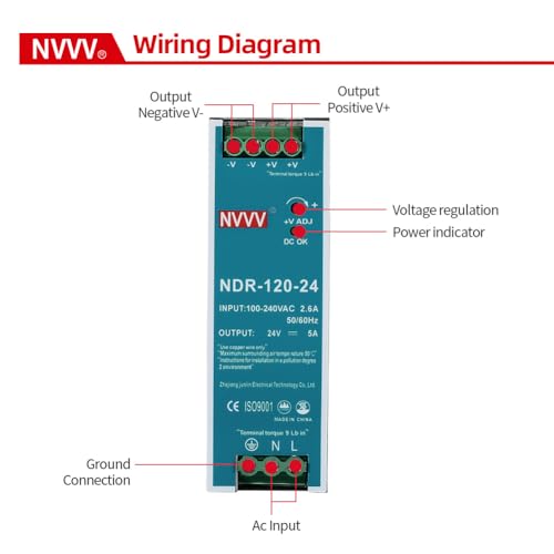 24Vdc 5Amp DIN-Rail Power Supply NDR 120W, Input:100-240VAC,Output:24VDC,Power Supply Switch Switching Converter DC - size: 24V 5A 120W