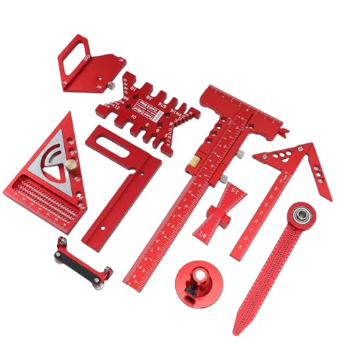 Woodworking Ruler Set, 9Pcs Aluminum Alloy Geometry Set Precision Measuring Tools for Accurate Layout Includes T Square Ruler, Compasses, Protractor, and Dovetail with