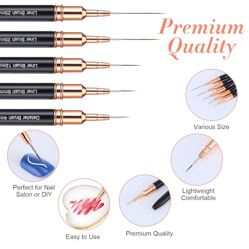 5 Pcs Metallic Nail Art Brushes Liner Brushes Set with Nail Art Mixing Palette Nails Dotting Drawing Tool for Long Lines Thin Detail Fine Liner Brush UV Gel Polish Painting Nails Design 4/8/12/20/25mm