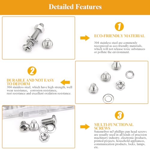 242 Pieces M5 Machine Screws Nuts Washers Set, Sutemribor M5 x 8/10/12/16/20/25/30mm Phillips Pan Head Machine Screws Nuts Washers Assortment Kit, 304 Stainless Steel, Fully Threaded - size: M5 Screws Kit, style: Phillips Pan Head