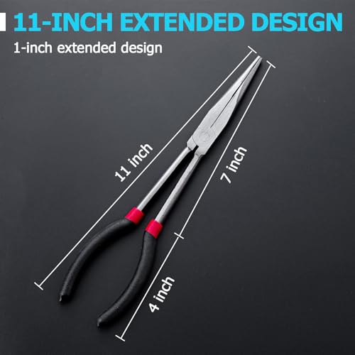 5 Piece Long Reach Plier Set - 11” Long Needle Nose Pliers Sets - Straight, 25, 45, 90-Degree Angle, Long Reach Bent Circle Pliers for Hard-to-Reach Narrow Spaces