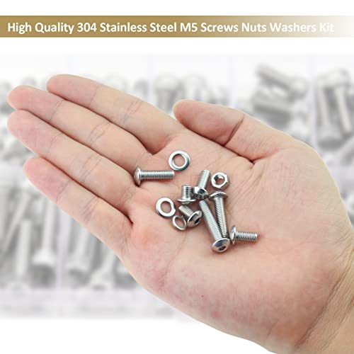 230 Pieces M5 x 8/10 /12/16 /20/25 /30mm Button Head Socket Cap Screws Nuts Washers Assortment Kit, 304 Stainless Steel, Fully Machine Thread - size: M5, style: Button Head