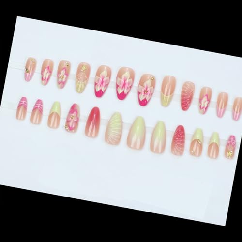 Summer Press On Nails Short Almond French Tip 3D Flower Gold Rhinestone - color: Style25