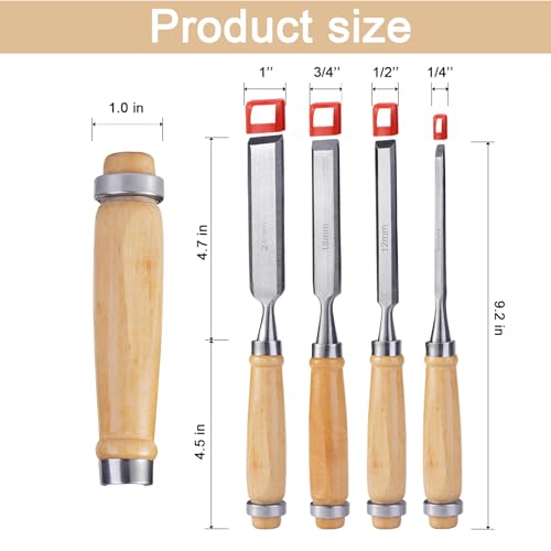 4Pcs Carbon Steel Wood Chisel Set, Beveled Blades with Guards, Wood Handle Woodworking DIY Tools (1/4", 1/2", 3/4", 1")
