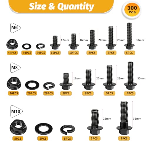 KADRICK 300PCS Flange Hex Bolt Kit. M6 x1.0 M8 x1.25 M10-1.25(12mm to 35mm) - size: M6 M8 M10 300Pcs Flange HEX