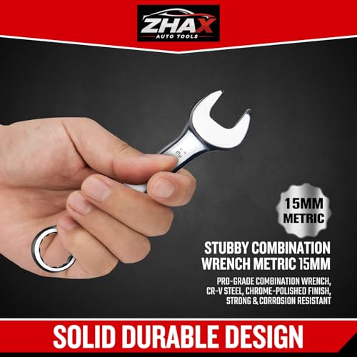 zhax 15mm Metric Stubby Combination Wrench, 12 Point Box End, 15 Degree Offset Design, Mirror Polish Finish, Forged CR-V Steel, Hand Tools for Mechanics, Ideal for Auto and Home Repair - size: 15mm