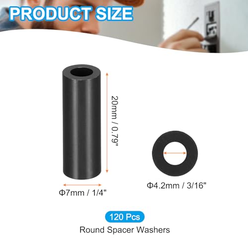 PATIKIL 120Pcs ABS Spacers 4mm ID, 7mm OD, 20mm Height Plastic Round Stud Spacer Black Nylon Washers Nut Unthreaded Rubber for M4 Screws Bolts Barrel - size: 4mm ID, 7mm OD, 20mm Height
