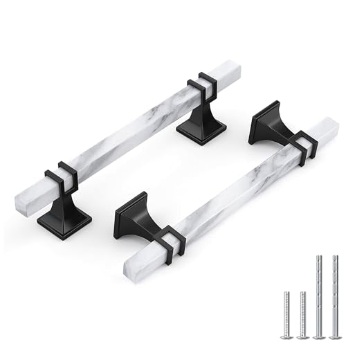 Haliwu 10 Pack 5 Inch White Marble Cabinet Pulls Zinc Black Kitchen Handles - color: White Marble & Black, size: Hole Center Spacing：128mm (5-1/16 inch)