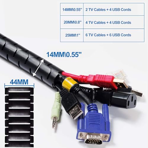 RELIANCER 10FT Cable Management Sleeve Organizer,1/2 inch Coiled Cord Organizer w/4 Cable Clips & Guide Clip,Wire Cover Wire Wrap Cable Protector,Messy Cable Tube Hider Solutions TV PC Home Office - size: 0.55" Dia