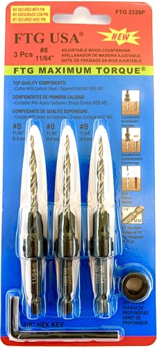 FTG USA #8(11/64") Wood Countersink Drill Bit 3-Pc Set with 3/8" Depth Stop - size: #8, style: 3 Pc with Depth Stop