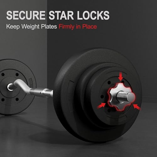 Yaheetech Curl Bar with Weights Adjustable W-Shaped Barbell Home Gym Set | Knurled iron bar with concrete-filled hdpe plates, star locks adjust weight for compact, gym-free strength training at home - size: 44 lbs