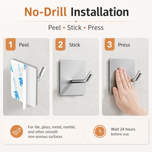 4 Pack 304 Stainless Steel Adhesive Wall Hooks, No Drill Hangers