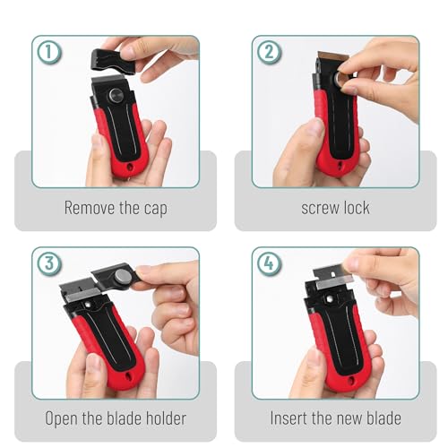 Bates- Razor Blade Scraper, Red, Locking Razor Scraper Set with 10 Extra Stainless Steel Blades, Window Scraper, Scraper Tool, Glass Scraper, Scraper Blades, Paint Scraper Blade Scraper for Cleaning - color: Red