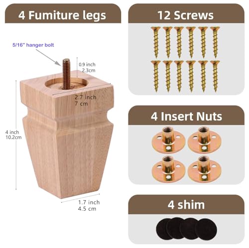 Unfinished Oak Sofa Legs - Heavy Duty Mid Century Solid Wood Replacement Furniture Legs Set of 4 for Couch, Table, Bench, Bed, Dresser, Chair - with Installation Hardware (Natural 4"H*2.75"W) - color: Plain Wood Color, size: 4"H*2.75"W