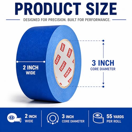 SWRT Blue Painters Tape 2 Inch Wide x 55 Yards, 4 Rolls, Clean Removal