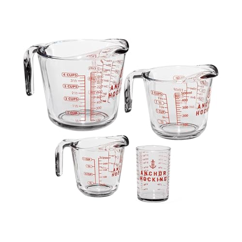 Anchor Hocking Glass Measuring Cups, 4 Piece Set (5 Ounce, 1 Cup, 2 Cup, 4 Cup liquid measuring cups) - style: 4pc Set