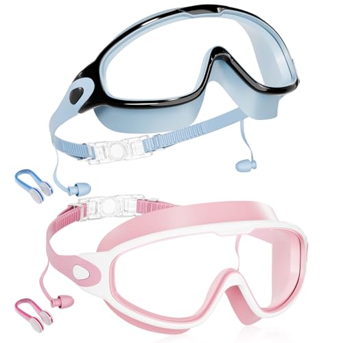 Aegend New Kids 2 Pack Wide View Swim Goggles, Anti-Fog/UV No Leak Goggles with Ear Plugs Kids 3-14 - color: Pink & Light Blue