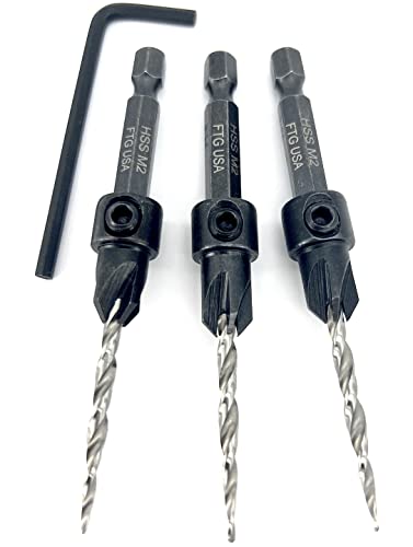 FTG USA #6 (9/64") Wood Countersink Drill Bit 3-Pc Set with Hex Key - size: #6, style: 3 Pc w/o Depth Stop