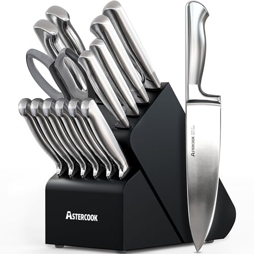 Astercook Knife Set 15 Piece German Steel Kitchen Knife Block Set - color: Midnight Black