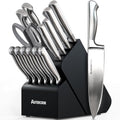 Astercook Knife Set 15 Piece German Steel Kitchen Knife Block Set - color: Midnight Black