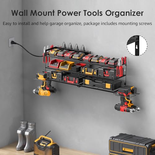 CCCEI Large Garage Tools Storage with Charging Station. Power Tool Battery Organizer Utility Shelf with Power Strip. 4 Drills Holder Wall Mount Rack, Black 3 Layer. - size: Large, style: 3 Layer