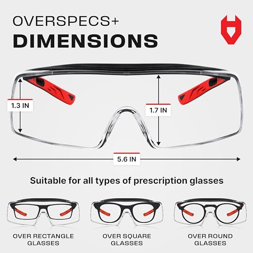 NoCry Safety Glasses Over Eyeglasses for Men and Women with Anti Scratch Lenses and Integrated Side Shields — Adjustable Temples with Anti-Slip Tips — 100% UV Protective Eyewear — ANSI Z87 Certified - color: Black & Red