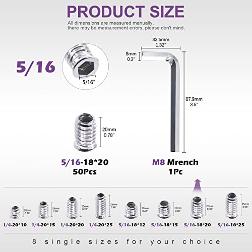 Swpeet 50Pcs 5/16" -18 x 20mm White Zinc Plated Carbon Steel Carbon Furniture Screw in Nut Threaded Wood Inserts Threaded Inserts Bolt Fastener Connector Hex Socket (5/16" -18 x 20mm) - size: 5/16" -18 x 20mm
