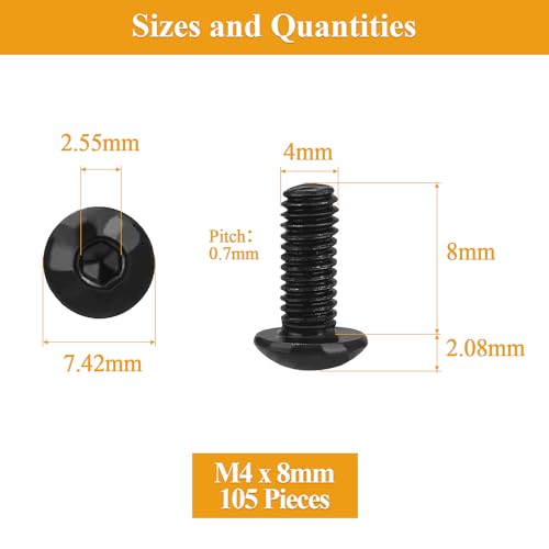 105 Pieces M4 x 8mm Button Head Socket Cap Screws, Thread Pitch 0.7mm, Sutemribor M4 Black Screws, 10.9 Grade Alloy Steel, Black Oxide Finish, Fully Threaded - size: M4 x 8mm, style: Button Head