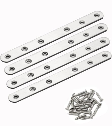4 Pack Flat Mending Plate for Wood, Stainless Steel Straight Brackets Flat Repair Fixing Wood Brace Joining Plates Connector with Fixing Screws (4, One line shape8in) - size: One Line Shape 8 in