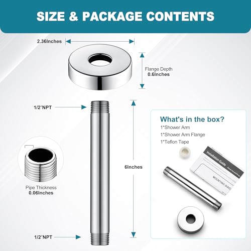 BRIGHT SHOWERS Shower Arm with Flange for Rainfall Shower Head, 6 Inch Ceiling Mount Straight Arm, Replacement Extension Pipe, Heavy-Duty Stainless Steel, Rust-Resistant, 1/2" NPT, Chrome - color: Chrome, style: 6 Inch