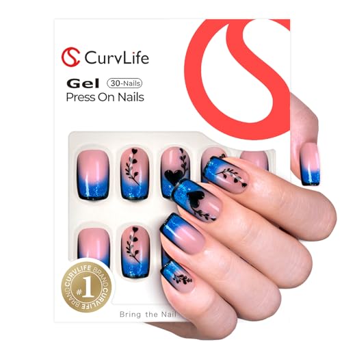 CurvLife Medium Square Ombre Press On Nails, Sparkle Blue, Soft Gel - color: Sparkle Ombre Tips
