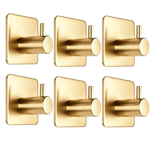 Fotosnow Gold Brushed 304 Stainless Steel Adhesive Wall Hooks, 15 lbs Heavy Duty No Drill Waterproof Rustproof Oil Resistant Anti-Slip Stick On Hooks-6 Pack - color: Gold-6 Pack