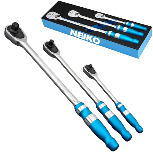 NEIKO 03006A Flat Head Ratchet Set - 3 Piece Low Profile 1/4, 3/8, 1/2 Inch Drive, 90 Teeth, Anodized Textured Grip Handle, Long Handle, Sealed Head, Cr-Mo - size: 1/4", 3/8", 1/2" Drives, style: Flat Head Ratchet