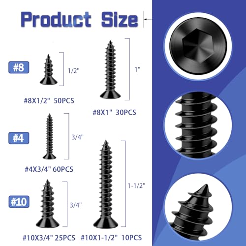 #4#8#10 Wood Screws Assortment Kit 175 Pcs, Flat Head Hex Socket Assorted Screws Set, High Strength Black Zinc Plated Steel, Countersunk Self Tapping Screws for Wood (1-1/2", 1", 3/4", 1/2") - size: #4 #8 #10 Kit (175pcs)