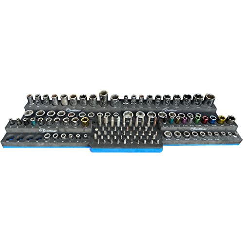 ToolGear Socket & Bit Organizer for Tool Box Drawer – Holds 80 Sockets + 50 Hex Screwdriver Bits, 1/4" & 3/8" Drive, Metric & SAE, Deep & Standard, Easy-Read Size Labels – Garage & Shop Storage Tray