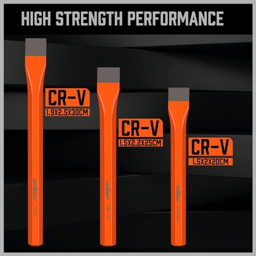 HORUSDY 3-Pieces Heavy Duty Cold Chisels Set, Long 8", 10", 12", with Roll Pouch, 1 in, 7/8 in, 25/32 in - size: 3-Piece (Long)