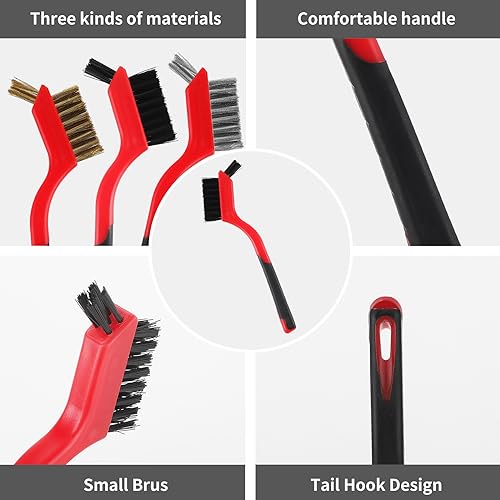 A A IN 6-Pack Wire Brush Set Nylon/Brass/Stainless Steel Bristles with Curved Handle Grip Scratch Brushes for Deep Cleaning and Rust Removing Small Cleaning Brushes-7 Inches (Red)