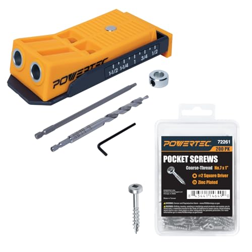 POWERTEC 72495 Twin Pocket Hole Jig Kit for Woodworking - Pocket Hole Screw Jig w/Drill Bit, Driver Bit, Hex Key, Stop Collar & 200 PK Pocket Hole Screws, Pan-Head, #2 Square Drive, 1" Coarse Thread - style: TwinPocket Hole Jig Kit w/ 1" Screws (200PK)