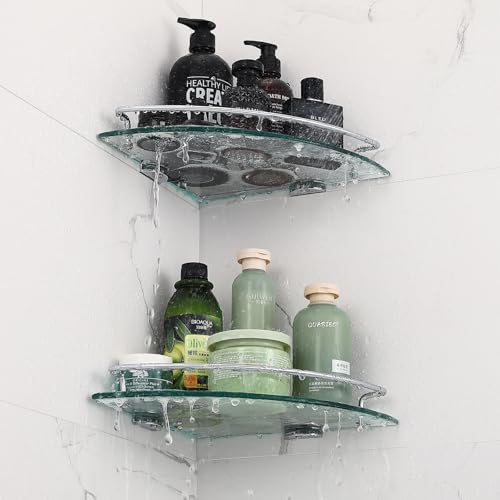 2 Ties Glass Corner Shelf with SUS 304 Stainless Steel Rail Chrome Finished, Esquinero para baños, Rustproof Tempered Glass Shelf, Shower Caddy Organizer 9.5" x 9.5" - size: 2 PACK With Rail